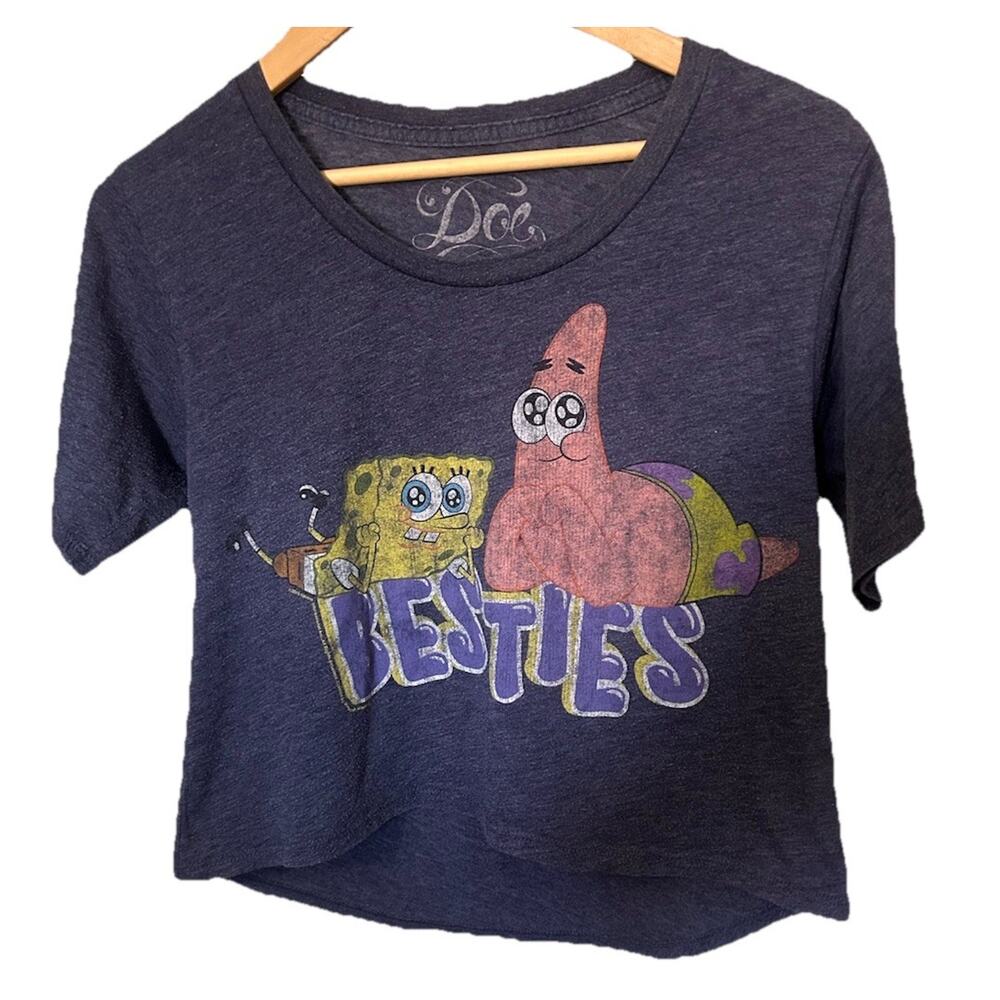 Spongebob Square Pants and Patrick Besties Women's M Heather Blue Cropped Shirt